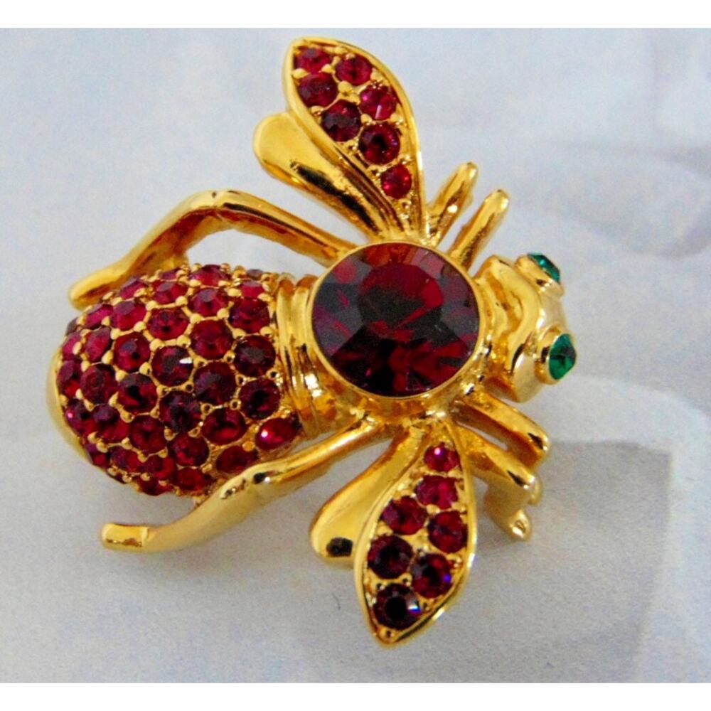 Joan Rivers Crystal Bee Brooch Pin Ruby Garnet Red July January Birthstone Vtg - Picture 2 of 5